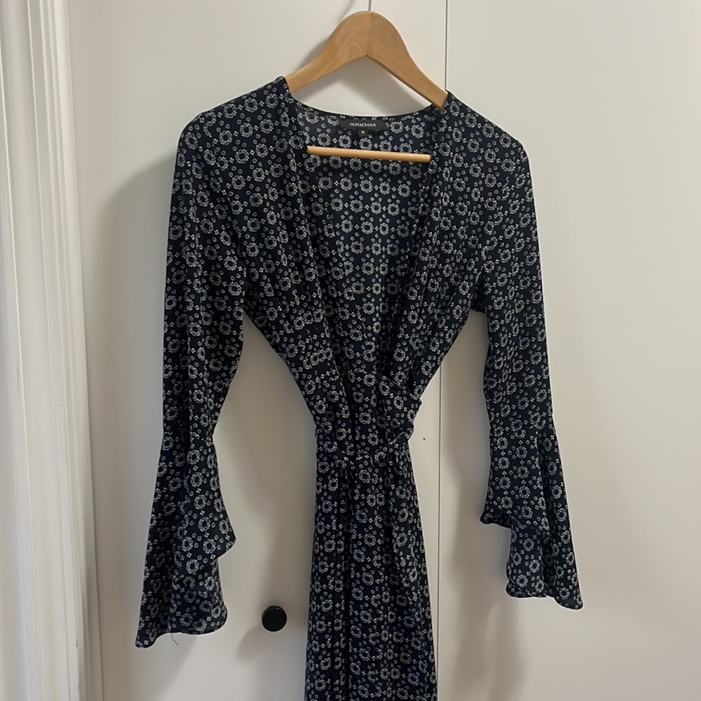Navy floral print wrap 70s dress, midi length, deep v, ruffle bell sleeves. S/M